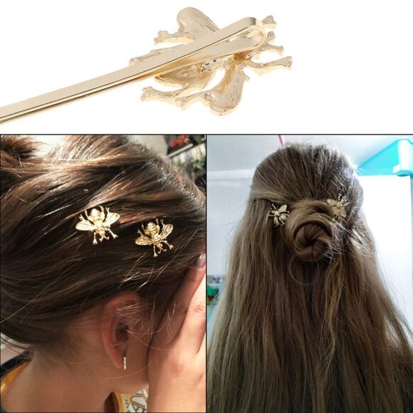 SET of 2 BEE PINS Free People Gold Beehive Bumble Bee Hair Barrettes Insect Pins - Picture 5 of 8